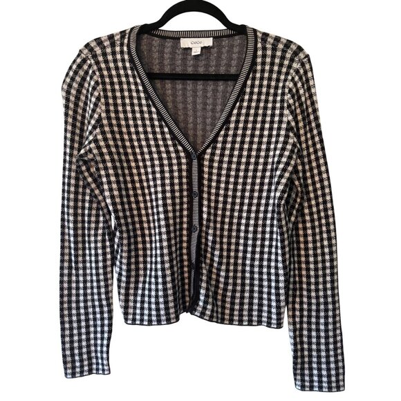CeCe Gingham Black & White Cardigan Sweater V-Neck Long Sleeve Womens S - Picture 2 of 9